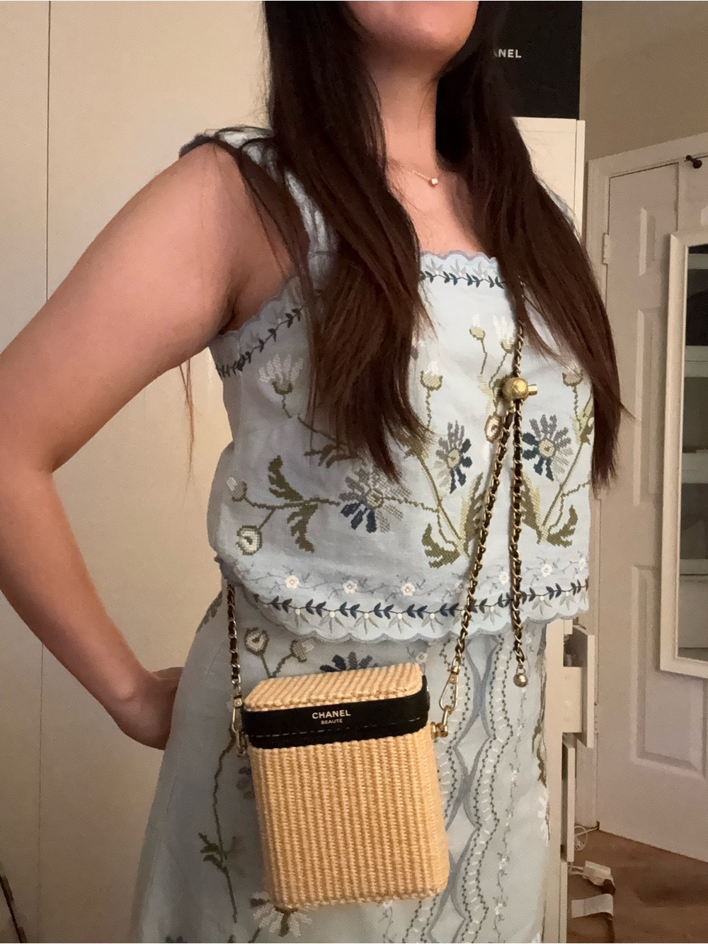 Chanel beaute Beige Woven Crossbody Bag with Black Trim ( include all makeup)